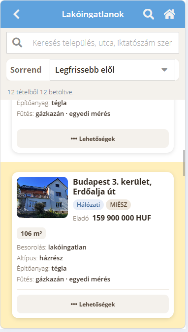 Lakóingatlanok listája az Ingatlannyilvántartás mobil felületén